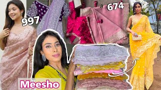 MEESHO Saree Haul Meesho Organza Saree Haul Meesho Saree starting 674  Meesho partywear sarees [upl. by Ayotahs]