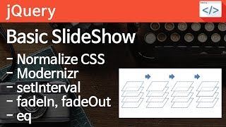 jQuery 08  Slideshow 기초  자동으로 슬라이드 이미지가 교체되는 슬라이드쇼 normalize modernizr setInterval [upl. by Oxley806]