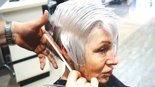 AMAZING HAIRCUT  70S ANTI AGE Short Gray Graduation With Undercut [upl. by Brantley]