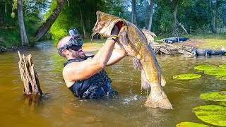 Noodlin For MONSTER CATFISH With Hands ONLY Scary Catfish Hole [upl. by Seyler]