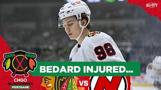 Connor Bedard INJURED in Blackhawks HardFought Loss vs Devils  CHGO Blackhawks Postgame [upl. by Nyliram665]