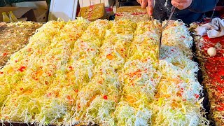 japanese street food  busy okonomiyaki stall お好み焼き [upl. by Lubow]