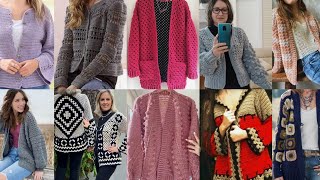 Classy pattern of crochet cardigan jackets sweaters upper coats jersey hand knitted fashion trend [upl. by Anaujahs]