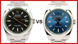 ▶ Rolex Milgauss Green Sapphire Crystal black vs blue Dial COMPARISON  116400 [upl. by Yalonda]