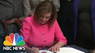 Nancy Pelosi Signs Resolution Before Delivering Articles Of Impeachment To Senate  NBC News [upl. by Loesceke]