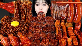 ASMR MUKBANG 직접 만든 불닭 짜장 버섯 양념치킨 소세지 먹방 amp 레시피 SPICY MUSHROOMS AND FIRE NOODLES EATING [upl. by Bentlee454]