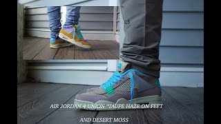 AIR JORDAN 4 quotUNION quotTAUPE HAZEquot AIR JORDAN 4 UNION DESERT MOSS BOTH PAIRS ON FEET [upl. by Donoho]