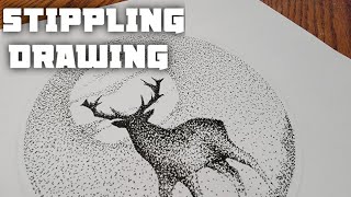 Stippling Drawing 44  How to Draw Deer Landscape Using Dots Pencil Drawing  Stippling Art [upl. by Kcirednek]