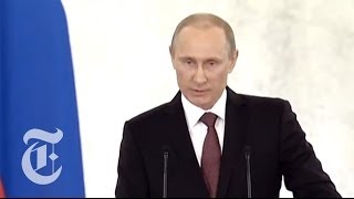 Ukraine 2014  Vladimir Putin Announces Crimea Annexation  The New York Times [upl. by Bohman]