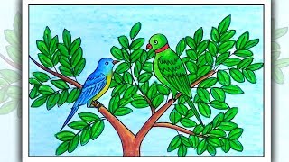 How to draw birds sitting on branch  Birds drawing for beginners [upl. by Atinnor]