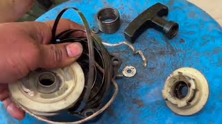 How To o Fix a Pull Starter Recoil Spring and Replace a Stuck or l Brush Cutter Starter Repairing [upl. by Aicenet]