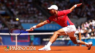 Novak Djokovic glides to drop shot as final against Carlos Alcaraz heats up  Paris Olympics [upl. by Bryce]