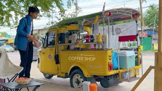 Cafe Vlog Mini Coffee Shop Tuk Tuk Bar Barista Dream Mobile Kopi Small Business Relax Mood Thailand [upl. by Anitsua272]