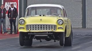 55 Chevy Gasser Crowd Pleaser Runs 1102 at 122 mph [upl. by Anade]