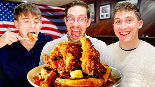 Two Brits try Chicken and Waffles with Try Guy Keith [upl. by Ahsitel]