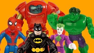 Imaginext IRON MAN lets BATMAN look after his HULK BUSTER but JOKER hurts SPIDERMAN [upl. by Ahsiekat]