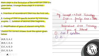 Main steps in the formation of Recombinant DNA are given below Arrange these steps in a correct [upl. by Pahl]