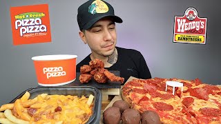 EATING Pizza Pizza Pepperoni Pizza amp Buffalo wings Wendy’s Chilli Cheese Fries MUKBANG [upl. by Drawoh]