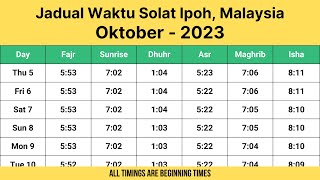 Jadual Waktu Solat Ipoh Malaysia Oktober 2023 [upl. by Fulks]