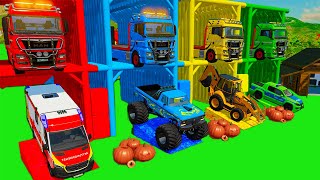 LOADER MONSTER CARS and VOLKSWAGEN POLICE and AMBULANCE TRANSPORTING WITH MAN TRUCKS FS22 [upl. by Hceicjow]