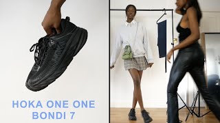 how to style hoka one one bondi 7 sneakers 👟 chunky trainer outfit ideas  MADE BY TOMI [upl. by Nilyaj601]