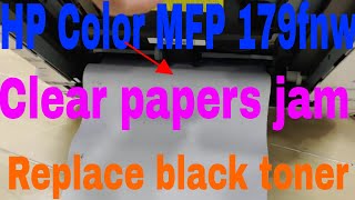 HP Color LaserJet MFP 179fnw clear paper jam and install full driver replace black toner cartridge [upl. by Baillieu]