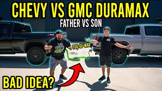 2024 GMC AT4 Duramax VS 2024 Chevy ZR2 Duramax  Father VS Son Tug Of War [upl. by Reginauld]