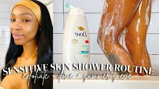 MY SENSITIVE SKIN SHOWER amp BODY CARE ROUTINE  DIY exfoliator Dove  Summer’s Eve  Janika Bates [upl. by Nesyaj]