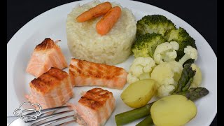 Salmón a la plancha con arroz blanco y verduras al vapor [upl. by Dranyer]