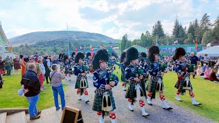 Ballater Pipe Band March off playing Crags of Tumbledown during the 2024 Braemar Gathering Scotland [upl. by Ekle]