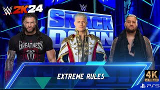 WWE 2K24 Brutal Match Roman Reigns vs Cody Rhodes vs Solo Sikoa  Extreme Rules 4K PS5 Gameplay [upl. by Haile]