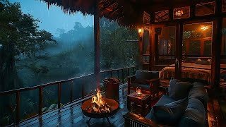 Rainy Balcony In Tropical Forest⛈️Crackling Fireplace Rain and Thunder Sounds for Relaxing Healing [upl. by Irreg199]