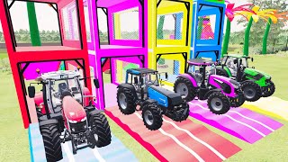 TRANSPORTING PIXAR CARS amp FRUITS WITH COLORED amp JOHN DEERE vs CLAAS vs TRACTORS FS22 [upl. by Terrye]