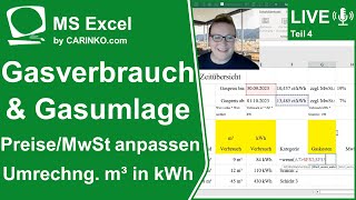 Indra Kohl Live  In MS Excel Gasverbrauch erfassen  Umrechnung m³ in kWh Teil 4  wwwcarinkocom [upl. by Megan]