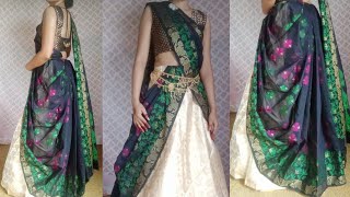 Lehenga saree wearing  how to drape saree in lehenge style  lehenga style saree draping [upl. by Nahgrom]