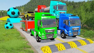 Double Flatbed Trailer Truck vs Speedbumps Train vs Cars  Tractor vs Train BeamngDrive 058 [upl. by Leahcimluap]