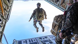 US Marines Paratroopers Jump from KC130 Hercules and UH1N Huey [upl. by Ariada948]