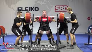 World Record Squat with 405 kg by Nicki Lentz DEN in 93 kg class [upl. by Doehne143]