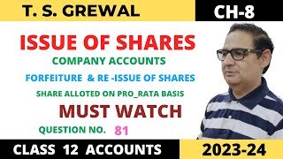 ISSUE OF SHARES TSGrewal ch8 Que no 81Forfeiture amp Reissue of shares Alloted on Pro Rata Basis [upl. by Norrie]