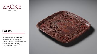 Lot85 A SUPERB CINNABAR AND OCHRE LACQUER TRAY DEPICTING FOREIGN TRIBUTE BEARERS MING DYNASTY [upl. by Ennaxor245]