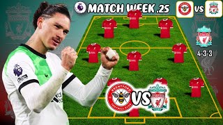 BRENTFORD VS LIVERPOOL  LIVERPOOL POTENTIAL STARTING LINEUP PREMIER LEAGUE 2024 MATCH WEEK 25 [upl. by Renelle473]