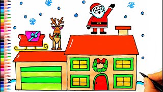 Noel Baba ve Yılbaşı Evi Çizimi 🎅🦌 🎁 Christmas House and Santa Claus Drawing  Yeni Yıl Resmi Çizimi [upl. by Nosreip]