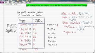 Secondaire 3 Québec Statistique  78 moyenne médiane et mode de données groupées en classes [upl. by Moureaux]
