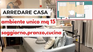 Come arredare casa piccola soggiorno sala da pranzo cucina  ambiente unico 15 mq  link arredi [upl. by Nohsram]