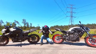 MT07 AKRAPOVIC EXHAUST TEST VS ER6N  K BIKER [upl. by Kreit306]