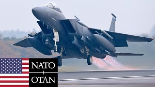 US Air Force NATO Powerful afterburner takeoff of F15E Strike Eagle fighters [upl. by Ennaesor]