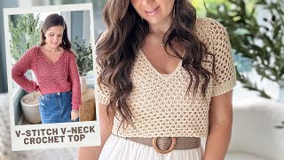 VStitch VNeck Crochet Summer Top Seamless TopDown Construction long and short sleeve pattern [upl. by Enila]