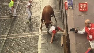 Pamplona Attack Watch as bull gores three runners [upl. by Enella]