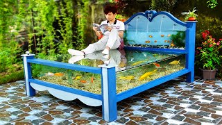 A masterpiece made from cement and glass Beautiful outdoor aquarium bed [upl. by Eihcra]