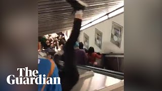 Escalator speeds up and collapses in Rome injuring football fans [upl. by Mapes]